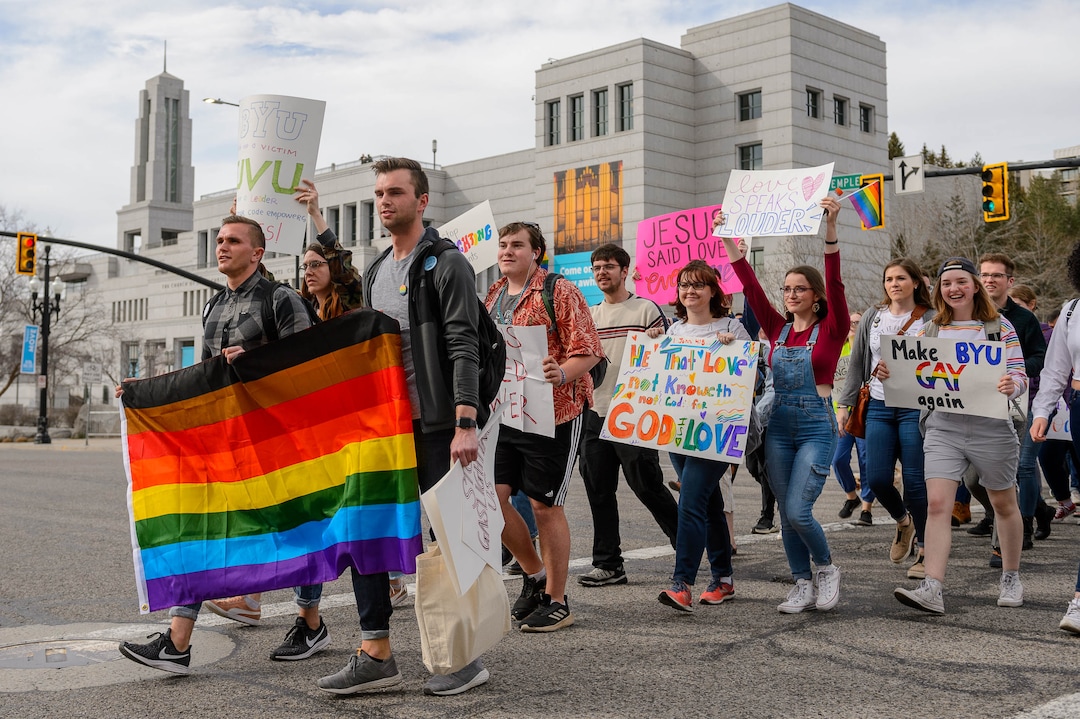 (Trent Nelson  |  The Salt Lake Tribune) A demonstration about BYU's changing position on “romantic behavior” by same-sex couples, in Salt Lake City on Friday, March 6, 2020.