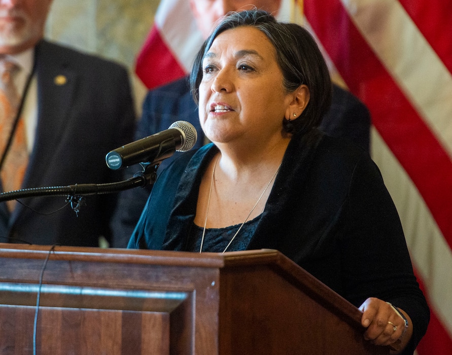 (Rick Egan  |  The Salt Lake Tribune)   Former Rep. Rebecca Chavez-Houck, leader of the Better Boundaries group, comments on how state lawmakers have reached a tentative accord with lawmakers over changes to Proposition 4, the voter-approved initiative to create an independent redistricting commission, during a news conference at the Capitol, Thursday, Feb. 27, 2020.