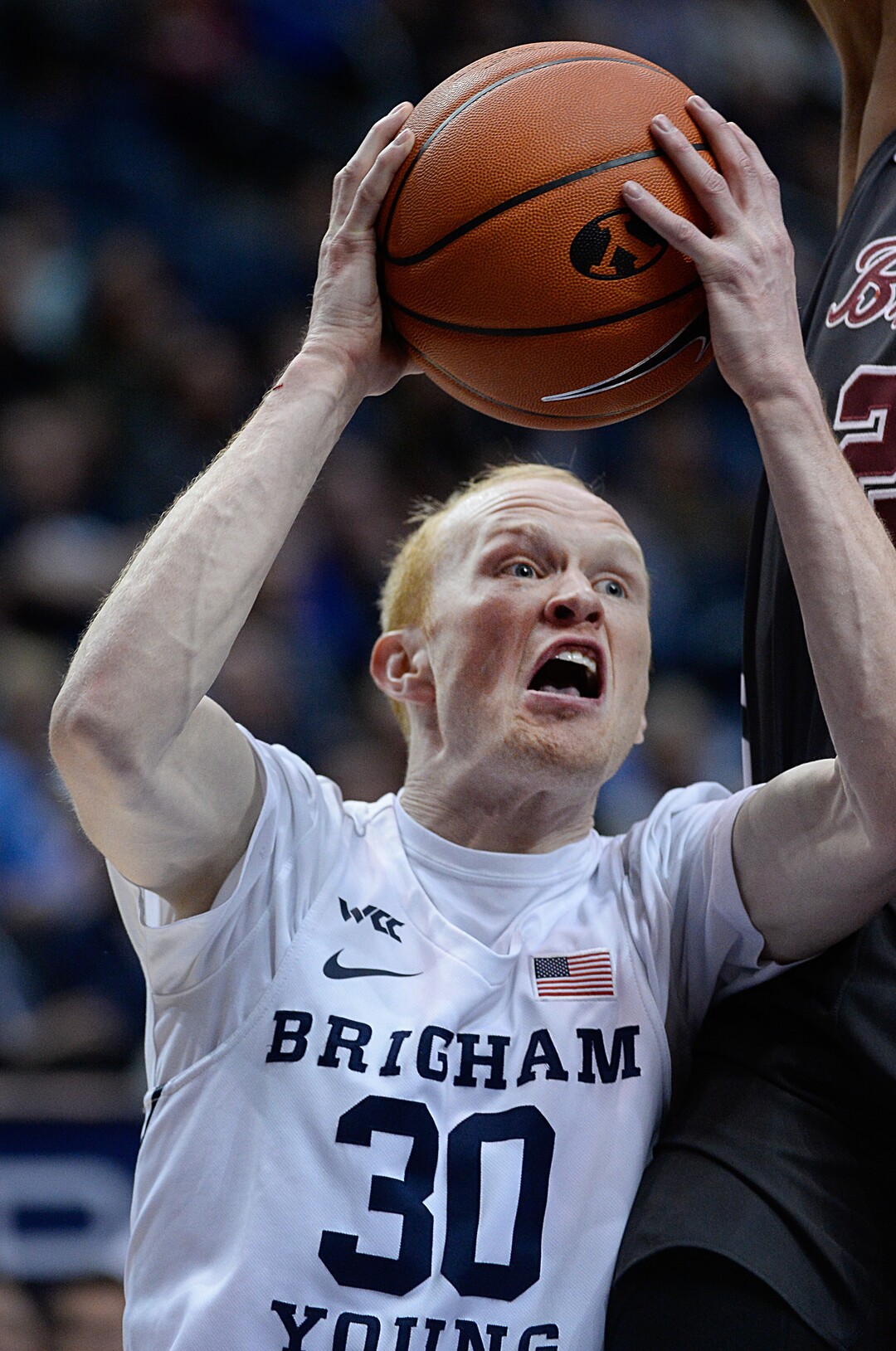 (Francisco Kjolseth  |  The Salt Lake Tribune) Brigham Young Cougars guard TJ Haws (30) drives the ball to the basket in the second half as the Brigham Young Cougars host the Santa Clara Broncos at the Marriott Center in Provo, Thursday, Feb. 20, 2020. BYU won 85-75.