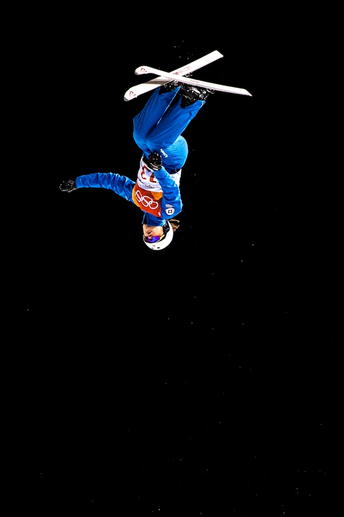 (Chris Detrick  |  The Salt Lake Tribune)  USA’s Ashley Caldwell competes during the Ladies' Aerials Qualification at Phoenix Park during the Pyeongchang 2018 Winter Olympics Thursday, Feb. 15, 2018.  Caldwell's highest score was 81.81 and did not advance to the finals. 