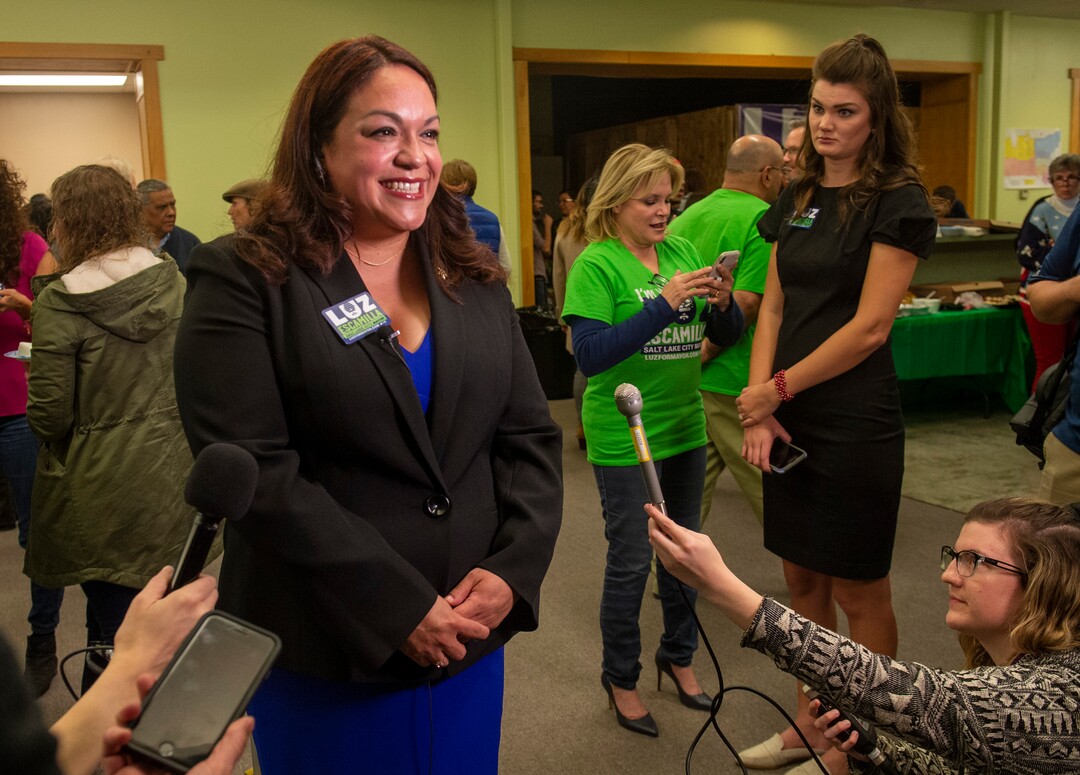 (Rick Egan  |  The Salt Lake Tribune) Salt Lake City mayoral candidate  Luz Escamilla talks to reporters as she awaits the ballot results in the Salt Lake City Mayor's race, at her campaign headquarters, Tuesday, Nov. 5, 2019.