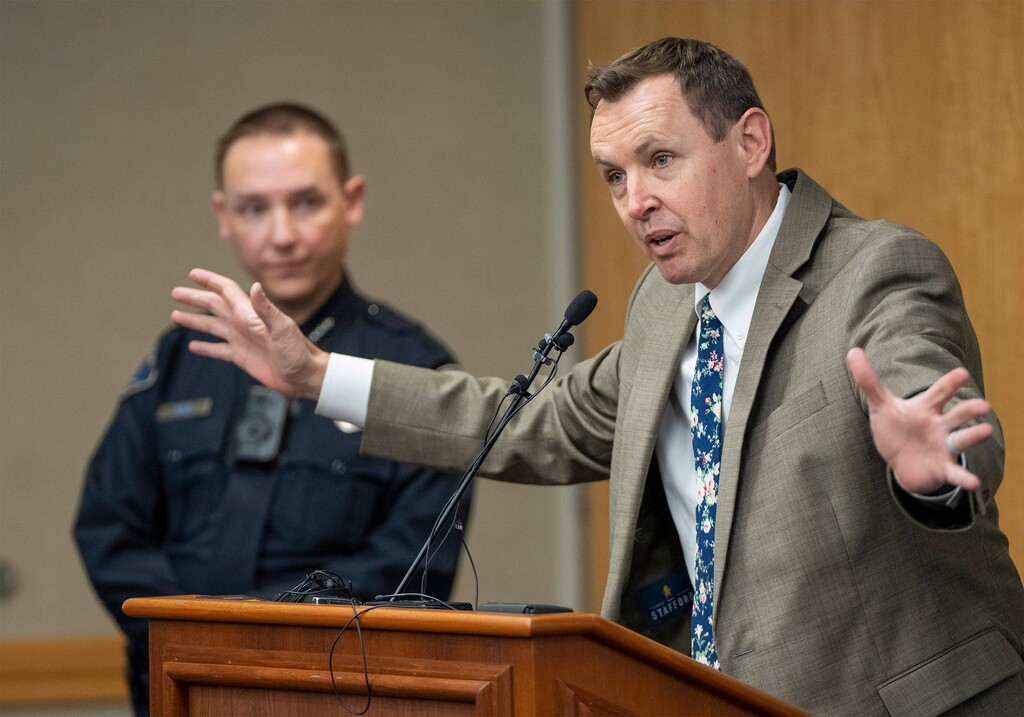 (Rick Egan | The Salt Lake Tribune) Granite Police Chief Randy Porter, left, listens as Granite Chief of Staff Ben Horsley discusses the attempted kidnapping that took place yesterday at Whittier Elementary school during a new conference, on Friday, April 7, 2023.