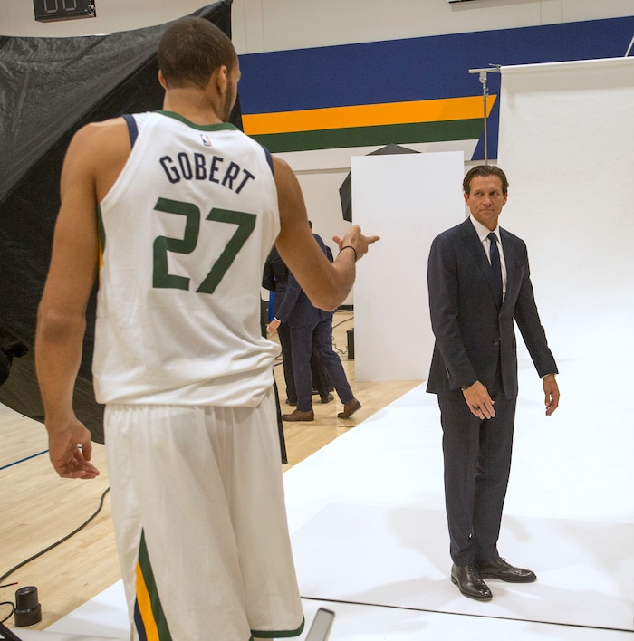 (Rick Egan  |  The Salt Lake Tribune) Utah Jazz center Rudy Gobert  and coach Quinn Snyder joke around, during the Utah Jazz media day, at the Zions Bank Basketball Center, Monday, September 25, 2017.


