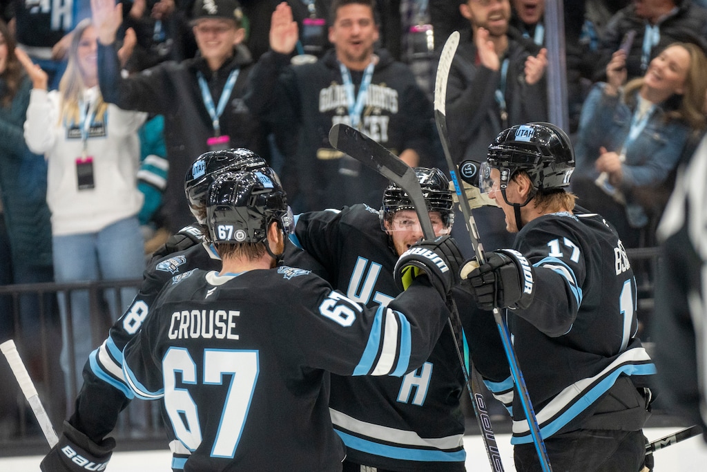 (Rick Egan | The Salt Lake Tribune) Utah Hockey Club celebrates their goal in the final minutes of the game, in NHL action between the Utah Hockey Club and the San Jose Sharks, at the Delta Center, on Friday, Jan 10, 2025.