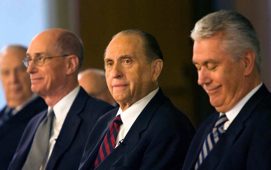(Steve Griffin  |  The Salt Lake Tribune) President Thomas S. Monson (center) is flanked by Henry B. Eyring (left) and Dieter F. Uchtdorf (right), after Monson was named 16th President of the LDS Church. February 4, 2008