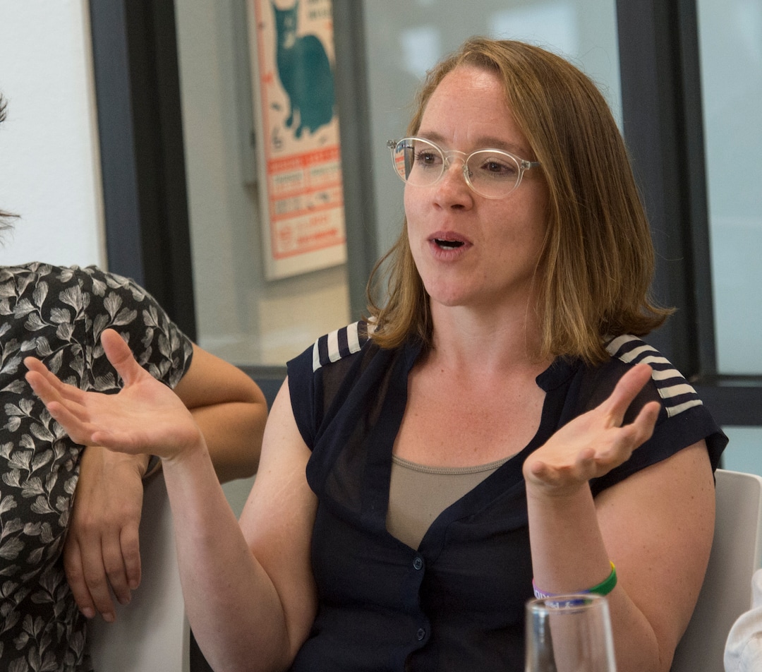 (Rick Egan  |  The Salt Lake Tribune)     Ivy Fox one of the original plaintiffs from the East High Gay/Straight Alliance vs. Board of Education of Salt Lake City, makes a statement, during a panel discussion on the 20th anniversary of a landmark lawsuit, at the Utah Pride Center, Friday, Aug. 3, 2018.
