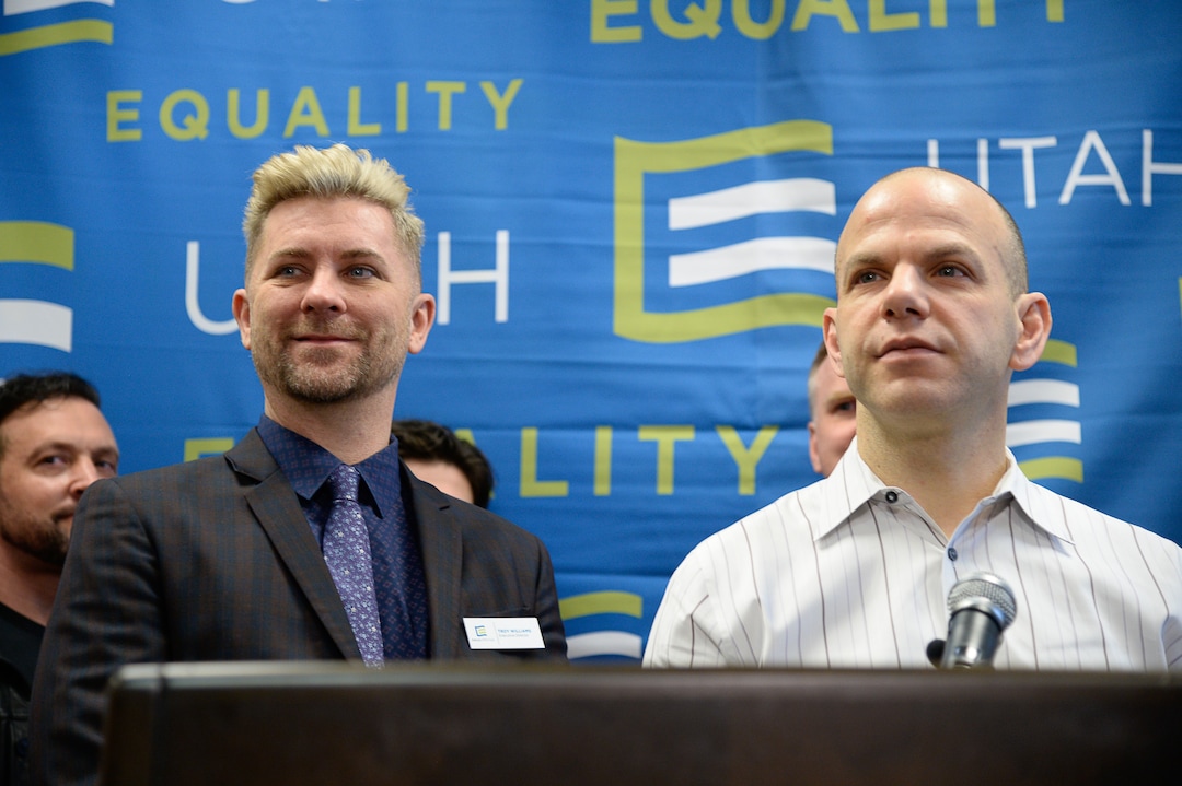 (Francisco Kjolseth  |  The Salt Lake Tribune) Troy Willaims, left, executive director of Equality Utah, and University of Utah professor of law Clifford Rosky, answer questions during a press conference at the Utah Capitol on Wednesday, Jan. 22, 2020, to recognize Utah becoming the 19th state in the nation to enact a ban on conversion therapy for minors.