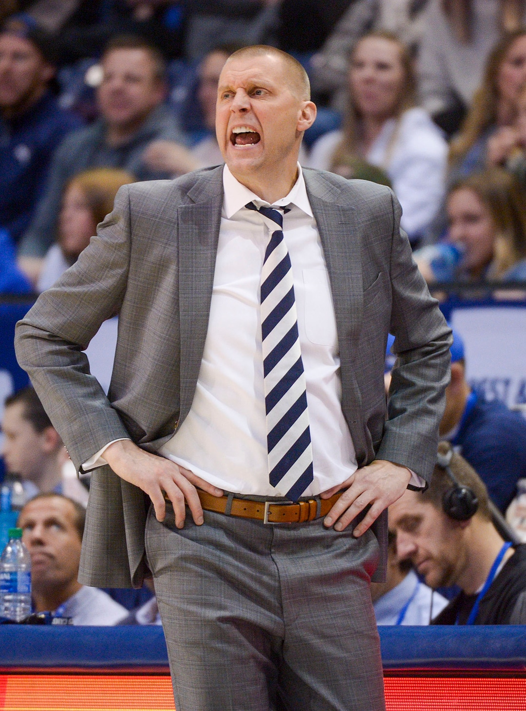 (Leah Hogsten  |  The Salt Lake Tribune)  Brigham Young Cougars head coach Mark Pope reacts to play in the second half. Brigham Young University defeated Oral Roberts, 79-73, Dec. 28, 2019 at the Marriott Center in Provo.
