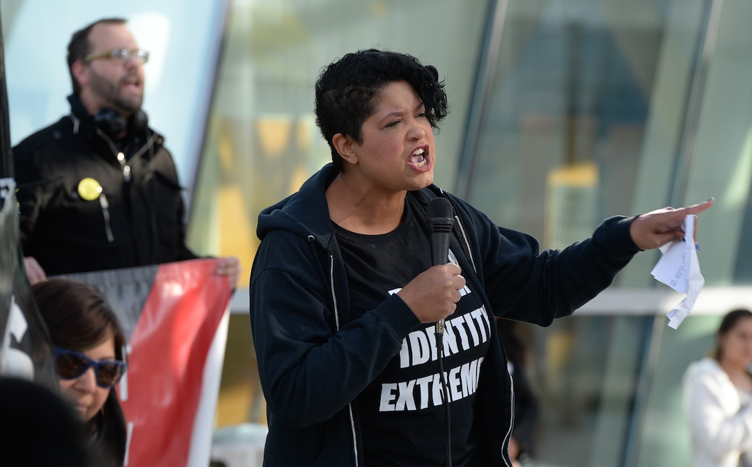 (Francisco Kjolseth  |  The Salt Lake Tribune)  Lex Scott, founder for the civil rights organization United Front Party, speaks to the crowd gathered demanding justice for the killing of Patrick Harmon who was shot by police on Aug. 13, when he tried to flee after being stopped on his bicycle. Around 150 people gathered for the rally at the Salt Lake City Public Safety Building on Sunday, Oct. 8, 2017, demanding Salt Lake County district attorney Sim Gill be fired for his "justified," ruling in the case.