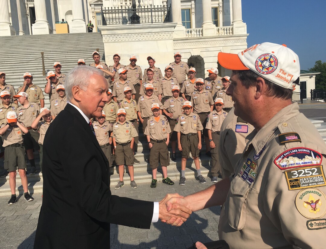 (Thomas Burr  |  The Salt Lake Tribune)  Sen. Orrin Hatch shakes the hand of a Boy
Scout leader as the Utah Republican takes a moment to great the Scouts from the Great Salt Lake chapter on Tuesday, July 18, 2017.