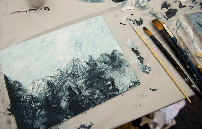 (Leah Hogsten  |  The Salt Lake Tribune) A completed winter scene painted by Lori Block after a  Bob Ross Paint-Along class, Saturday, Jan. 6, 2018, at the Salt Lake City Public Library's Sweet Branch in the Avenues.