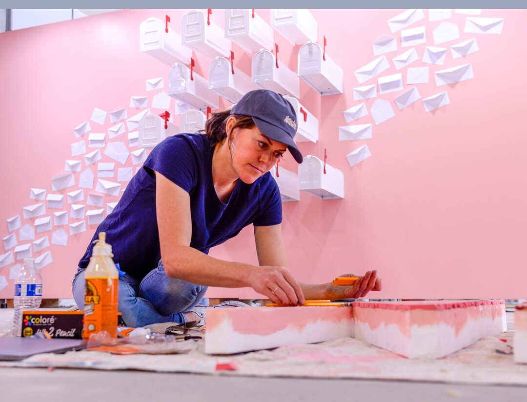 (Leah Hogsten  |  The Salt Lake Tribune) Love Letters Museum co-designer and lettering artist Becca Clason creates giant letters made of pencils and erasers that will spell “Write On” to hang on a wall at the Love Letters Museum show opening June 21, 2109. Love Letters is the newest 15,000-square-foot interactive art installation at The Gateway dedicated to the love of letters, as well as typography, books and literal love letters. “It is our attempt to use what we know best (letters, words, and art) to encourage each of our visitors to find and tell their own story. And to find the art in other's stories” -Love Letters Museum. ​