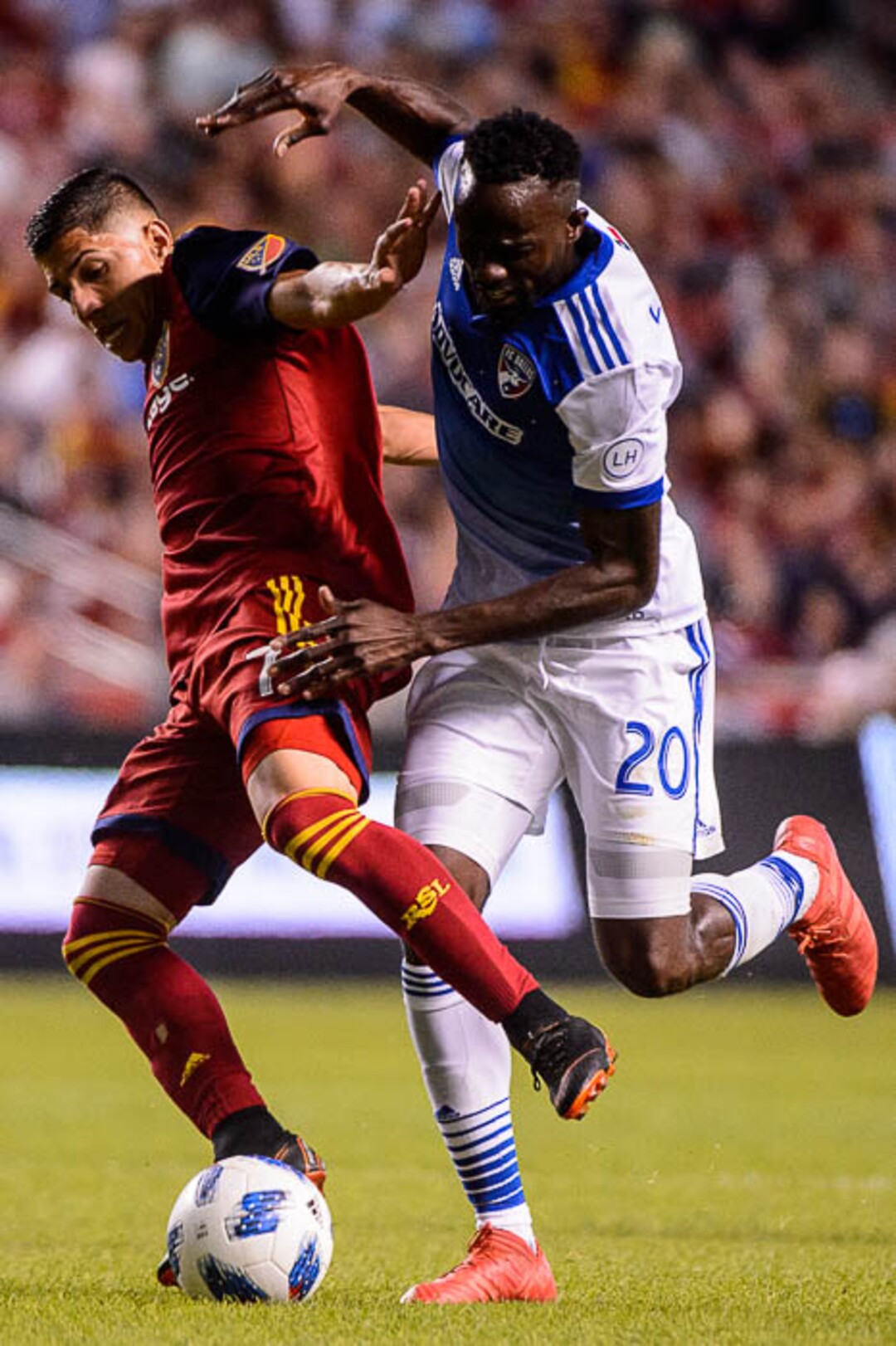 (Trent Nelson | The Salt Lake Tribune)  Real Salt Lake hosts FC Dallas, MLS soccer at Rio Tinto Stadium in Sandy, Saturday July 7, 2018. Real Salt Lake forward Jefferson Savarino (7) and FC Dallas forward Roland Lamah (20).