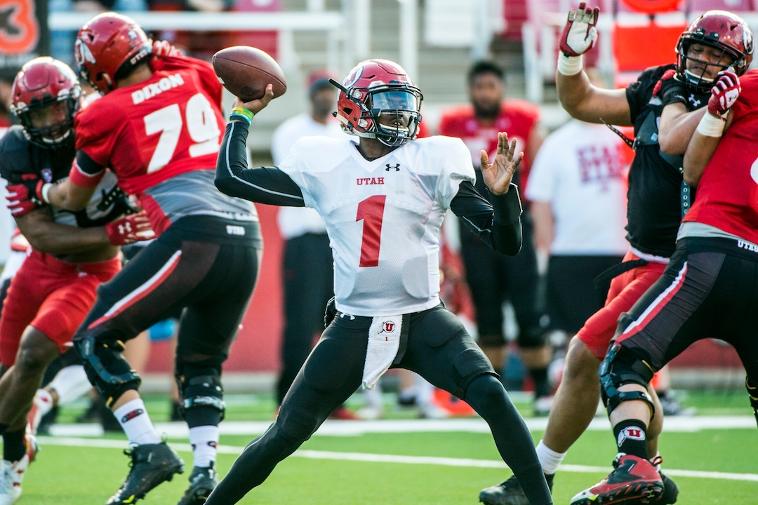 Chris Detrick  |  The Salt Lake TribuneUtah Utes quarterback Tyler Huntley (1) throws the ball during the spring scrimmage at Rice-Eccles Stadium Saturday April 9, 2016. 