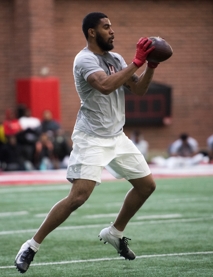 (Rick Egan  |  The Salt Lake Tribune)       Kenric Young, catches a pass during University of Utah's 2018 Pro Day for NFL scouts, at Spence Eccles Field House, Wednesday, March 28, 2018.
