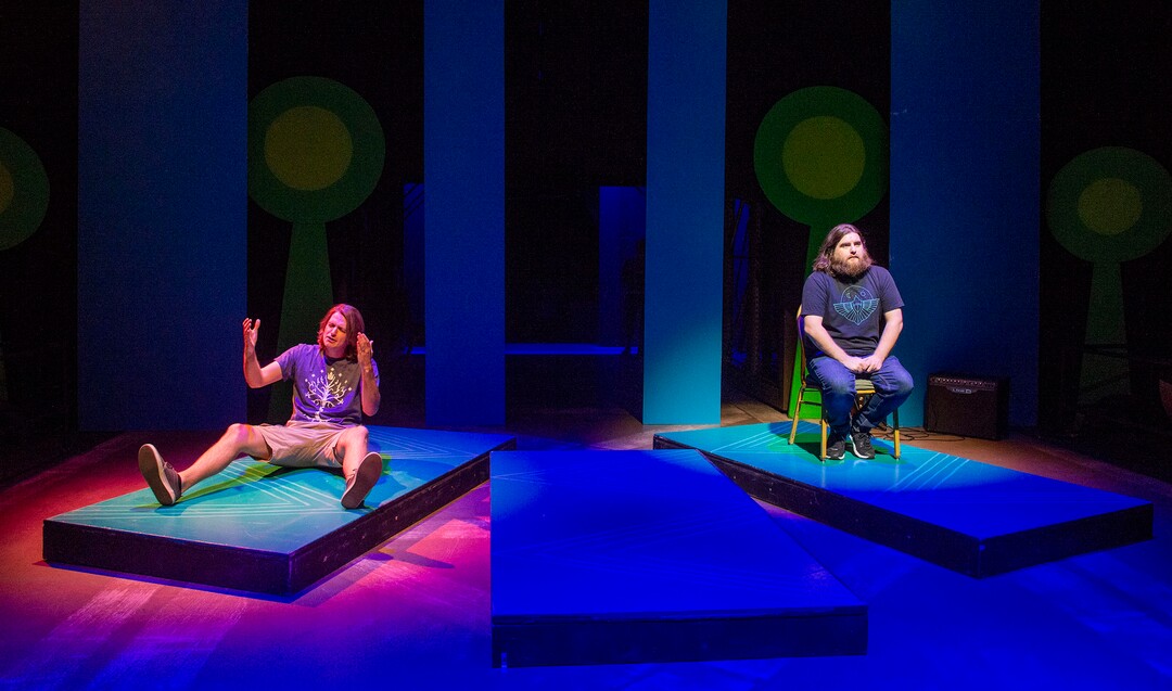 (Rick Egan  |  The Salt Lake Tribune)  Spencer Hohl and Bryson Dumas rehearse for the first Utah theater production since the COVID-19 lockdown, titled "The Corona Conundrum," at The Parker Theatre, Wednesday, May 13, 2020.