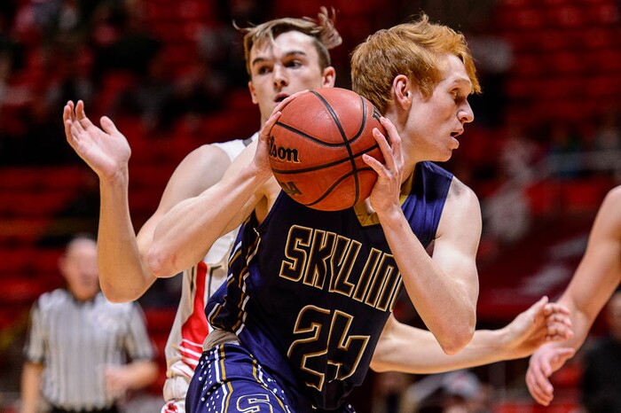 (Trent Nelson | The Salt Lake Tribune)  Skyline vs. Bountiful, 5A State high school basketball tournament at the Huntsman Center in Salt Lake City, Wednesday Feb. 28, 2018. Skyline's Andrew Clark (24).