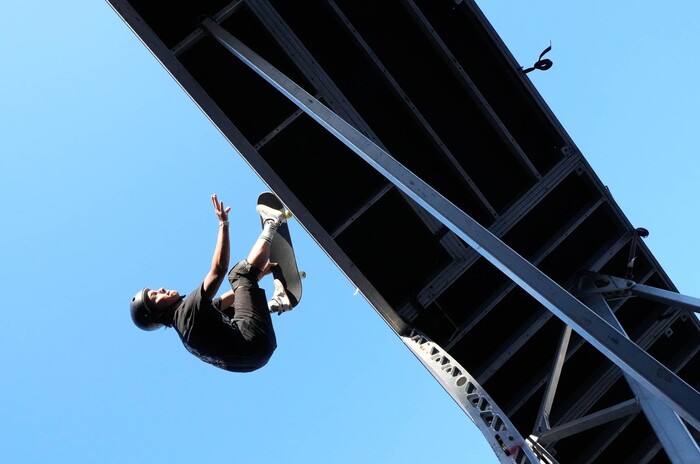 (Francisco Kjolseth | The Salt Lake Tribune) Skaters go big during Tony Hawk’s Vert Alert, a big-air skateboarding competition at the Utah Sate Fairpark on Friday, Aug. 26, 2022. 