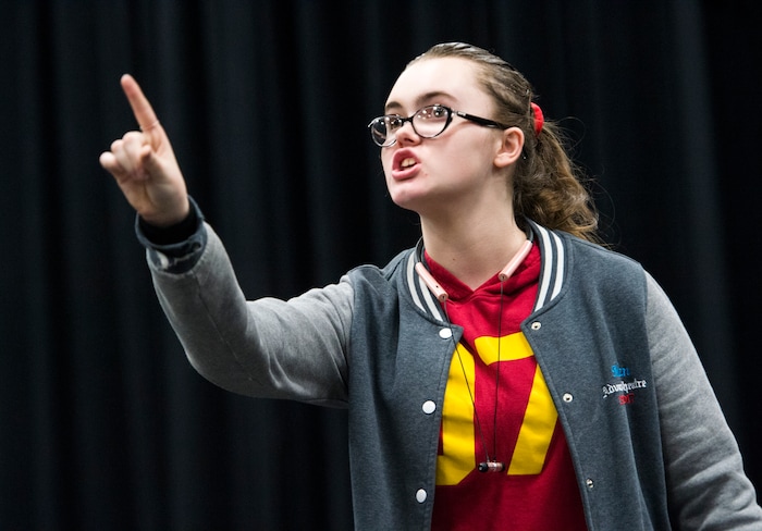 (Rick Egan  |  The Salt Lake Tribune)     Granger High School student Morgan Bard performs during a competition for EduHam, an education program that accompanies the Salt Lake City run of "Hamilton." Granger theater teachers Kirsten Anderson and Brian Fuller said 81 students at the West Valley City school participated in the program, which asks students to study original founding documents and create an original work of art -- rap, song, poem, essay, etc. -- from a big moment. Twelve of the regional winners will be invited to perform before a matinee performance of "Hamilton" on May 4. Utah's program is the first to be funded in a public-private match. Wednesday, April 11, 2018.