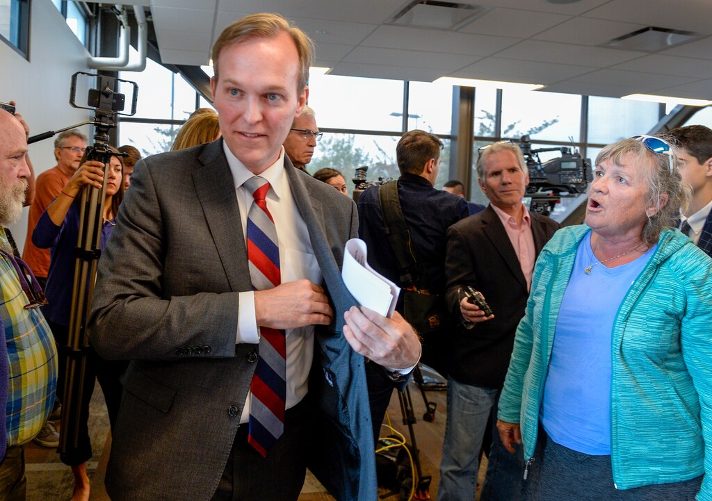(Leah Hogsten | Tribune file) Sandy resident Jamie Zayach, right, pressured Rep. Ben McAdams on whether he would vote in support of impeaching the president Friday at a scheduled health and wellness town hall at the Midvale Senior Center on Oct. 4, 2019. “He is straddling the fence and I think he’s concerned about re-election,” Zayach said. “I think he needs to take a stand.” Rep. Ben McAdams on Friday said that while he will not prejudge the outcome of the impeachment inquiry into President Donald Trump, a formal probe is necessary to determine the facts.