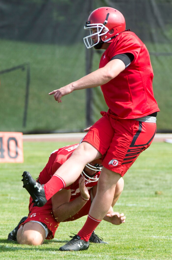 (Rick Egan  |  The Salt Lake Tribune)Utah Kicker Matt Gay, kicks a field goal during practice, Monday, August 7, 2017.