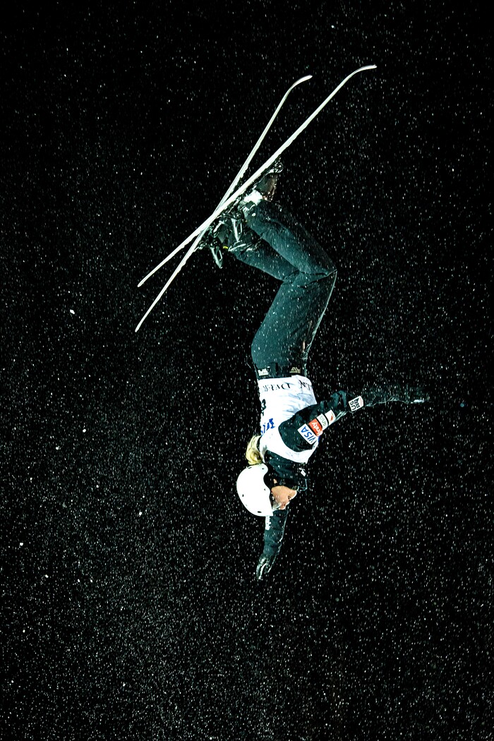 (Chris Detrick | The Salt Lake Tribune) USA's Kiley McKinnon (6) competes in the Ladies' Aerial Finals during the FIS Visa Freestyle International Ski World Cup at Deer Valley Resort Friday, January 12, 2018. McKinnon finished in eighth place.