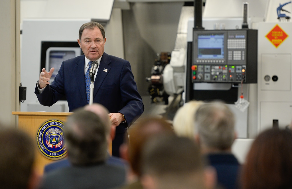 (Francisco Kjolseth  |  The Salt Lake Tribune)  Gov. Gary Herbert holds a press conference to release his proposed 2018 budget at Davis Technical College in Kaysville on Wed. Dec. 13, 2017.