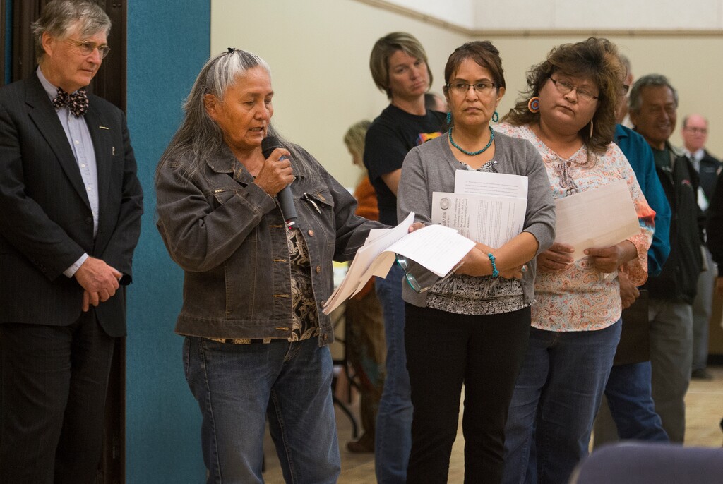 "This is a historic moment for us," said Louise Rock, from the Oljato chapter of the Navajo Nation, at a hearing in Bluff, Utah, on Thursday, Nov. 16, 2017. San Juan County residents were presented with proposals of the newly redrawn county commission and school board districts during hearings in Monticello. A federal judge is approving new county election districts in southeastern Utah after finding the boundaries discriminated against American Indians who make up roughly half the population. The new San Juan County voting districts are designed to give native residents an equal voice in local races, but commissioner Phil Lyman said Friday, Dec. 22, 2017, they are unfair and the county plans to appeal.  (Leah Hogsten/The Salt Lake Tribune via AP)