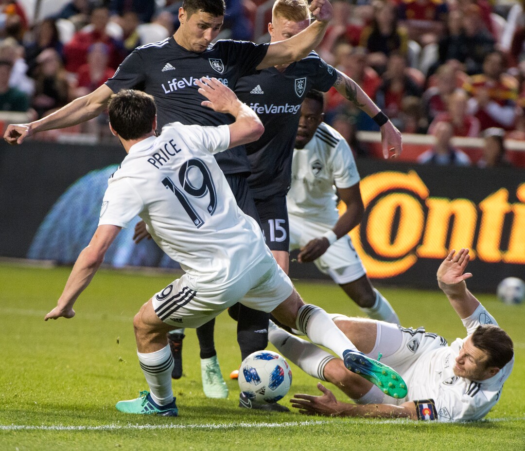 (Rick Egan  |  The Salt Lake Tribune) Real Salt Lake midfielder Damir Kreilach (6) tries to get the ball past Colorado Rapids midfielder Jack Price (19), in MLS soccer action, between Real Salt Lake and Colorado Rapids,  at Rio Tinto Stadium, Saturday, April 21, 2018.