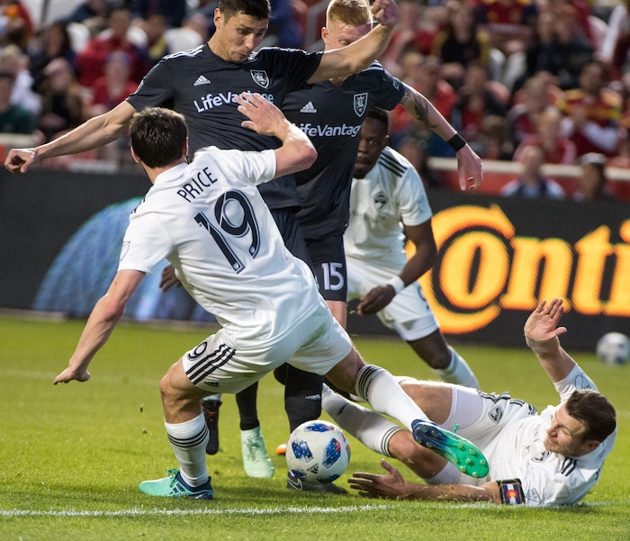 (Rick Egan  |  The Salt Lake Tribune) 
Real Salt Lake midfielder Damir Kreilach (6) tries to get the ball past Colorado Rapids midfielder Jack Price (19), in MLS soccer action, between Real Salt Lake and Colorado Rapids,  at Rio Tinto Stadium, Saturday, April 21, 2018.


