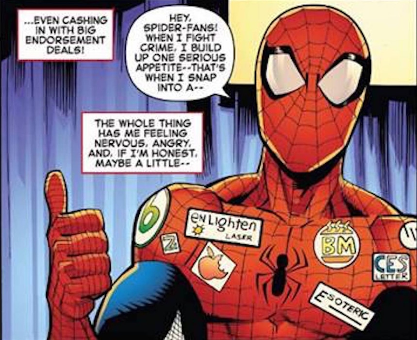 (Courtesy Marvel Comics) Spider-Man is seen sporting a CES Letter logo in the latest edition of the comic-book series.