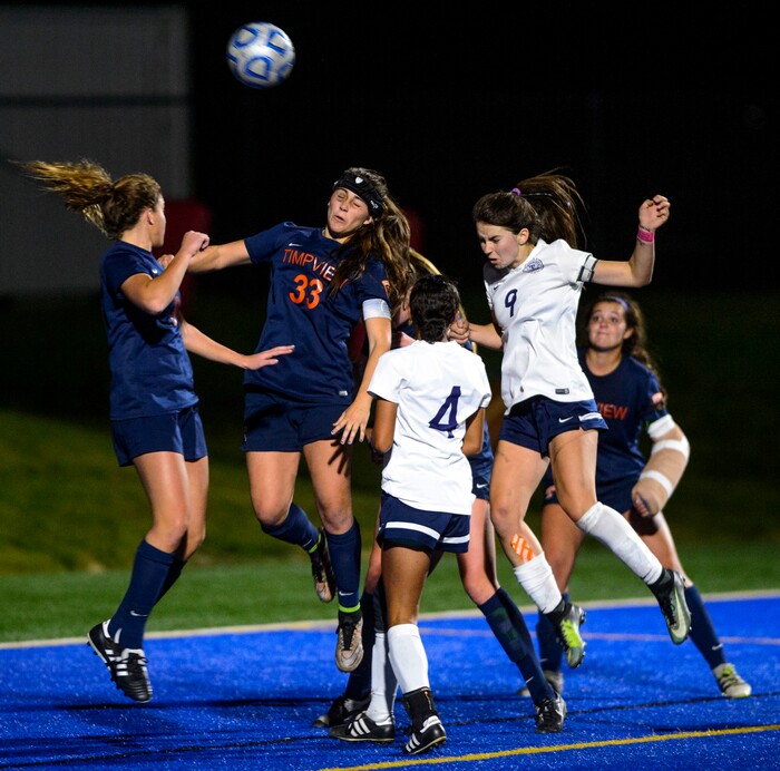 (Steve Griffin | The Salt Lake Tribune) Timpview's Kelsey Salvesen (33) heads the ball out during the 5A semifinal girl's soccer match against Timpanogos at Juan Diego High School in Draper Tuesday October 17, 2017.