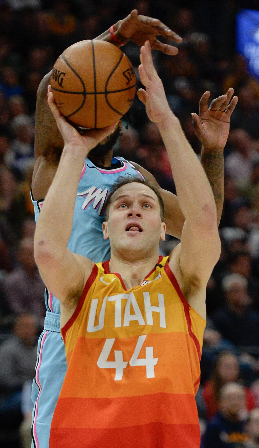 (Francisco Kjolseth  |  The Salt Lake Tribune) Miami Heat forward Derrick Jones Jr. (5) knocks the ball from Utah Jazz forward Bojan Bogdanovic (44) as the Utah Jazz host the Miami Heat in their NBA basketball game at Vivint Smart Home Arena in Salt Lake City on Wednesday, Feb. 12, 2020.