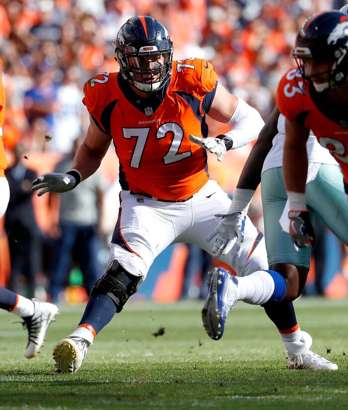 Denver Broncos offensive tackle Garett Bolles (72) competes against the Dallas Cowboys during the first half of an NFL football game, Sunday, Sept. 17, 2017, in Denver. (AP Photo/Jack Dempsey)