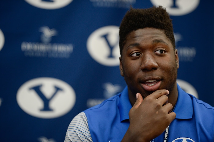 (Francisco Kjolseth  |  The Salt Lake Tribune)  JJ Nwigwe is interviewed by the media as BYU hosts their eighth-annual football media day at the BYU-Broadcasting Building on Friday, June 22, 2018.