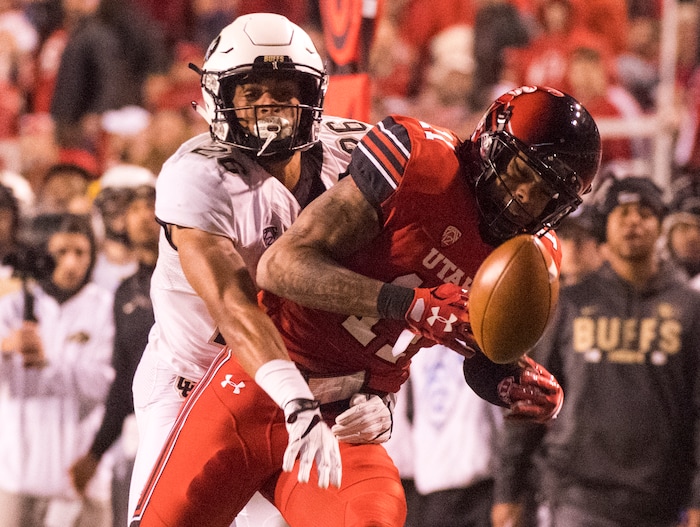 (Rick Egan  |  The Salt Lake Tribune)  Colorado Buffaloes defensive back Isaiah Oliver (26) breaks up a pass intended for Utah Utes wide receiver Raeloe Singleton (11) in PAC-12 football action Utah Utes vs.Colorado Buffaloes at Rice-Eccles stadium, Saturday, November 25, 2017.