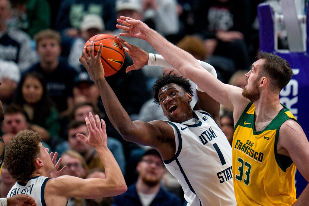 (Trent Nelson  |  The Salt Lake Tribune) Utah State Aggies forward Great Osobor (1) as Utah State faces San Francisco, NCAA basketball in Salt Lake City on Saturday, Dec. 16, 2023.