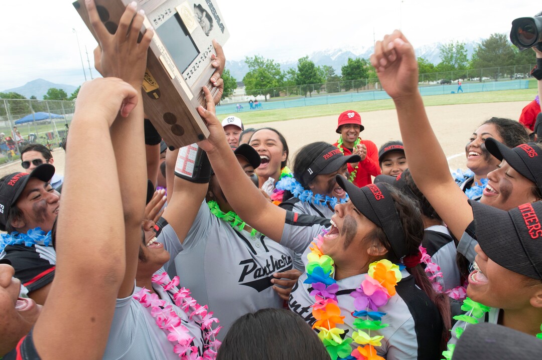 (Rick Egan  |  The Salt Lake Tribune)     West High celebrates their 5A State Championship win over the Bountiful Braves, in Taylorsville, Thursday May 30, 2019