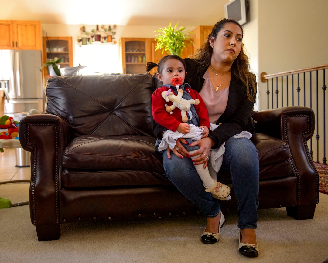 (Steve Griffin  |  The Salt Lake Tribune)  Griselle Trujillo with her 19-month-old daughter Luna Faith Fernandez in Heber Tuesday April 24, 2018. Trujillo's husband Jose Fernandez was killed by an acquaintance with a handgun after an evening of drinking.