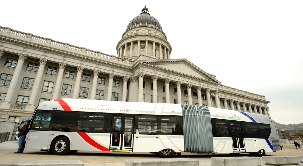 (Steve Griffin  |  The Salt Lake Tribune)  UTA's new long "BRT" (bus rapid transit) is parked in front of the Capitol during Transit Day on Capitol Hill in Salt Lake City Friday February 2, 2018.