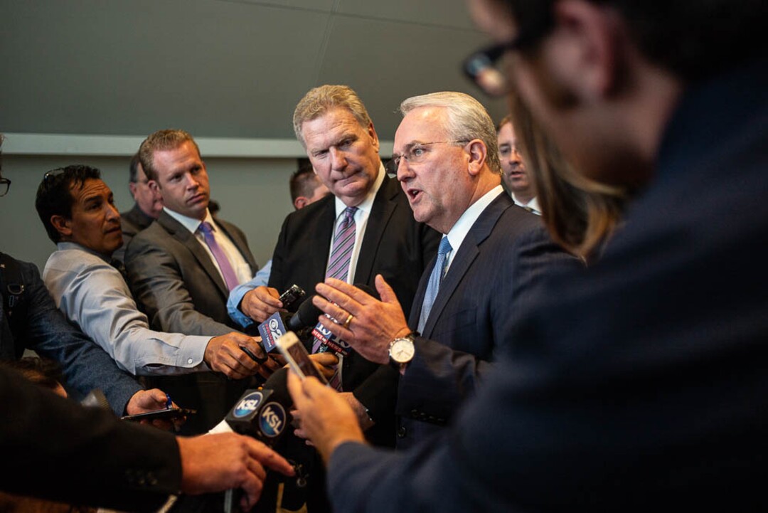 (Trent Nelson | The Salt Lake Tribune)  Jack Gerard of the LDS Church, right, with Craig Christensen, speaks about the church's opposition to Utah's medical marijuana initiative after a news conference in Salt Lake City, Thursday Aug. 23, 2018.