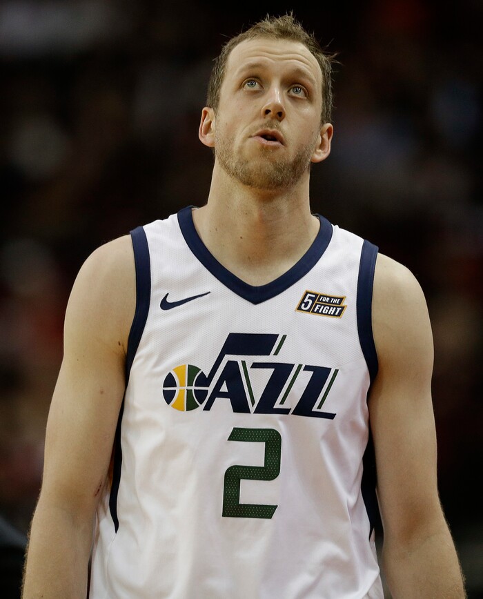 Utah Jazz forward Joe Ingles walks to the bench after drawing his fourth foul during the second half in Game 5 of an NBA basketball second-round playoff series against the Houston Rockets, Tuesday, May 8, 2018, in Houston. (AP Photo/Eric Christian Smith)