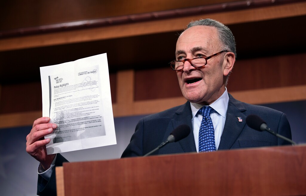Senate Minority Leader Sen. Chuck Schumer of N.Y., speaks on Capitol Hill in Washington, Thursday, Nov. 9, 2017, about the Republican tax reform plan. (AP Photo/Susan Walsh)