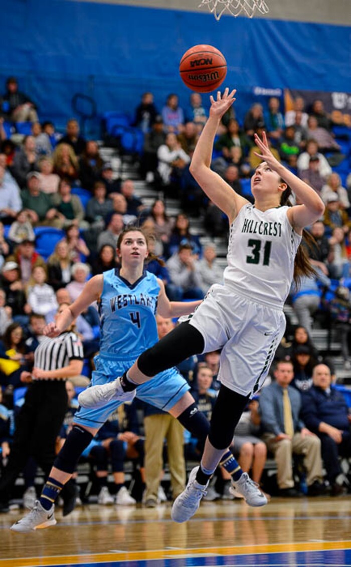 (Trent Nelson | The Salt Lake Tribune)  Hillcrest's Annabella Jensen (31) shoots as Hillcrest faces Westlake in the 6A High School Girls' Basketball Tournament at SLCC in Taylorsville, Thursday Feb. 22, 2018.