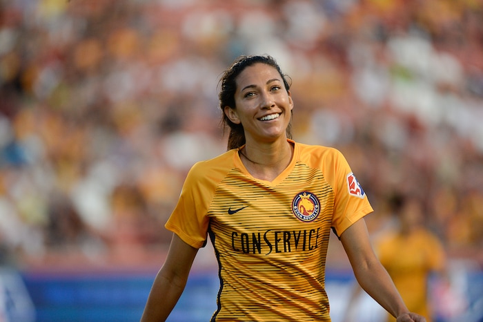 (Francisco Kjolseth  |  The Salt Lake Tribune)  Utah Royals FC forward Christen Press (23) is cheered by the fans as she gets ready for a corner kick as Utah Royals FC hosts the North Carolina Courage at Rio Tinto Stadium in Sandy, Utah on Saturday, July 27, 2019.