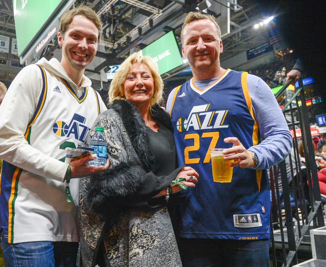 Leah Hogsten  |  The Salt Lake Tribune  l-r Utah Jazz center Rudy Gobert's family, brother Romain, mother Corinne and Romain's partner Andrew attended the game as the Utah Jazz hosted the Portland Trail Blazers Christmas night at Vivint Smart Home Arena.