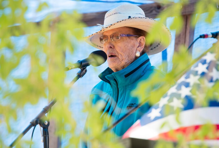(Rick Egan  |  The Salt Lake Tribune)   Ellie Corrigan performs cowboy poetry at the 13th Annual Cowboy Legends, Music & Poetry Festival at the Historic Fielding Garr Ranch on Antelope Island, Sunday, May 27, 2018. The Festival continues through Monday.