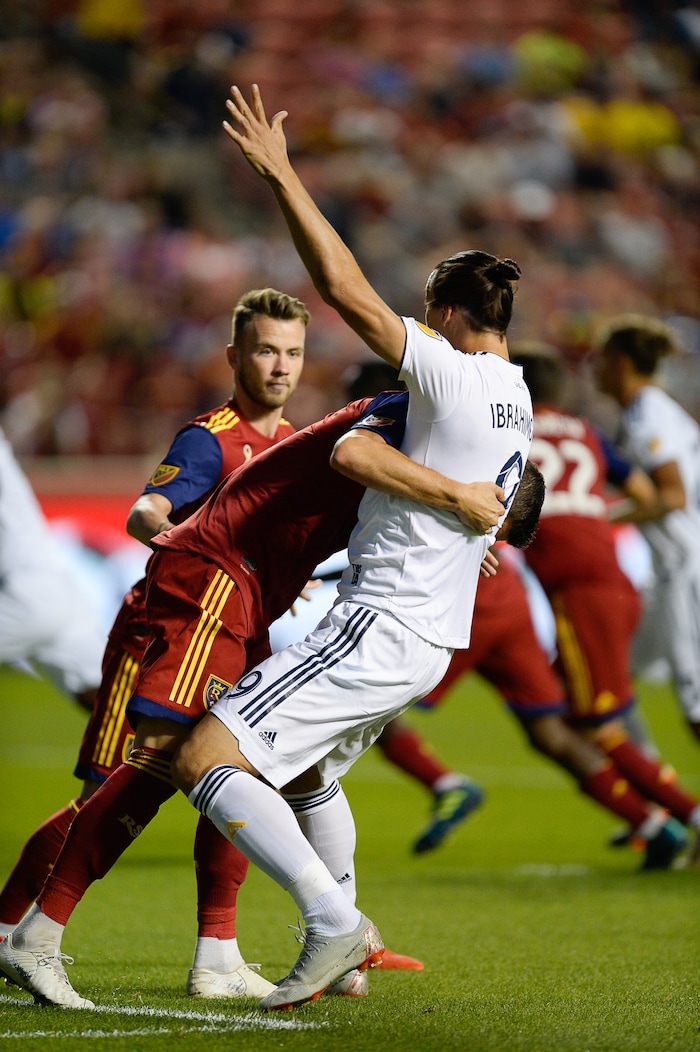 (Francisco Kjolseth  |  The Salt Lake Tribune)  Real Salt Lake midfielder Damir Kreilach (6) defends Los Angeles Galaxy forward Zlatan Ibrahimovic (9) during the first half of the MLS soccer match Saturday, Sept. 1, 2018, in Sandy at Rio Tinto Stadium.