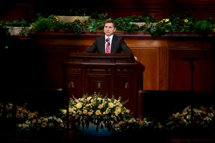 (Jeremy Harmon  |  The Salt Lake Tribune)  Elder Massimo De Feo speaks during the Sunday morning session of General Conference on April 1, 2018.