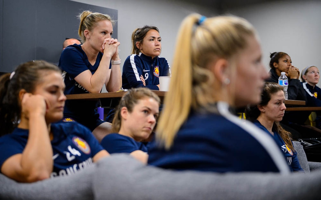 (Trent Nelson | The Salt Lake Tribune)Utah Royals midfielder Lo’eau LaBonta, center, in a team meeting at Rio Tinto Stadium in Sandy, Friday April 6, 2018.